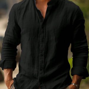 Chemise pour homme printemps/été, couleur unie, col montant, manches longues, décontracté/bureau
