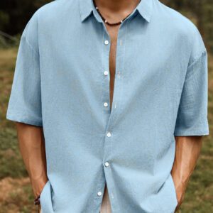 Manfinity Nomadique Chemise d'été en coton pour hommes à manches courtes unie et ample avec col rabattu et épaules tombantes