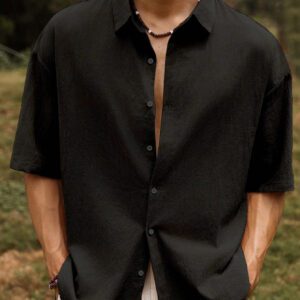 Manfinity Nomadique Chemise d'été en coton pour hommes à manches courtes unie et ample avec col rabattu et épaules tombantes