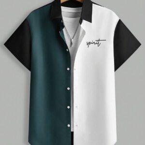 Manfinity UrbanChill Chemise pour homme de coupe ample avec lettrage graphique et bloc de couleur sans T-shirt, chemise vintage de travail kaki des années 70 à col boutonné à manches courte, cadeau pour petit ami