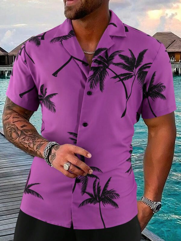 Manfinity RSRT Chemise à manches courtes décontractée pour hommes avec imprimé graphique tropical aléatoire de palmier, sans tee-shirt, pour les vacances à la plage des hommes – Image 2