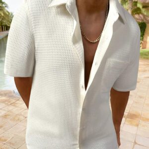 Manfinity RSRT Chemise d'homme à manches courtes texturée, boutonnée, tout blanc, cadeau décontracté pour petit ami