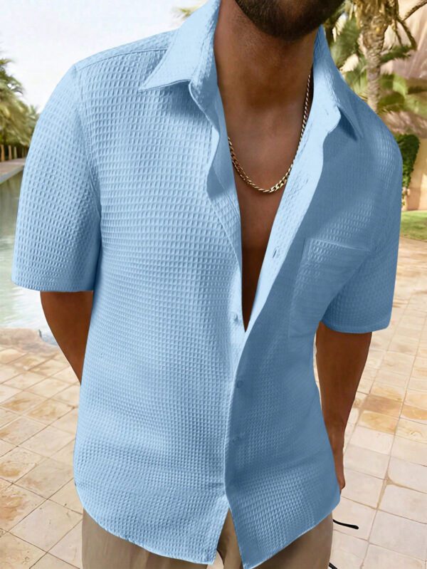 Manfinity RSRT Chemise d'homme à manches courtes texturée, boutonnée, tout blanc, cadeau décontracté pour petit ami – Image 2