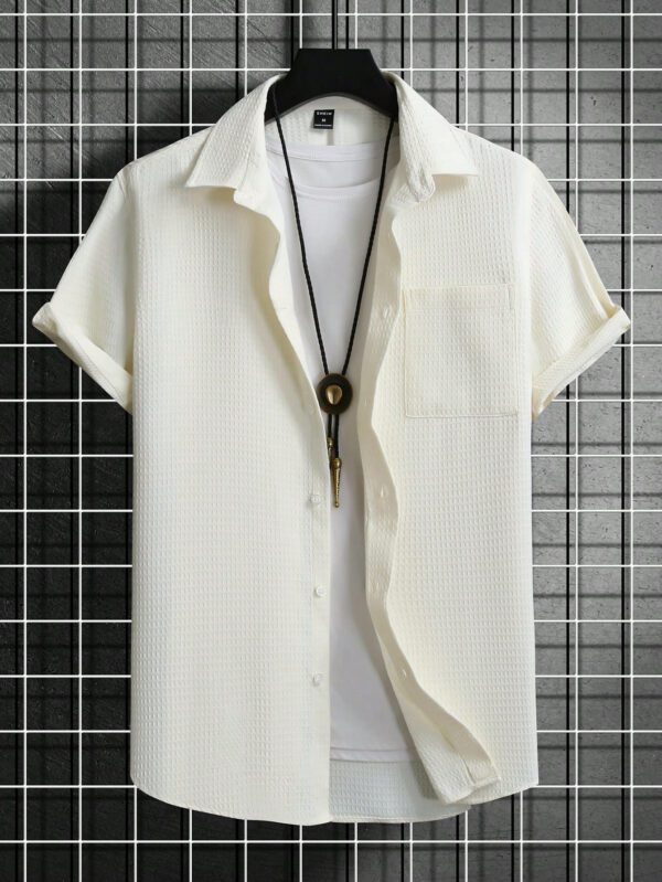 Manfinity RSRT Chemise d'homme à manches courtes texturée, boutonnée, tout blanc, cadeau décontracté pour petit ami – Image 5