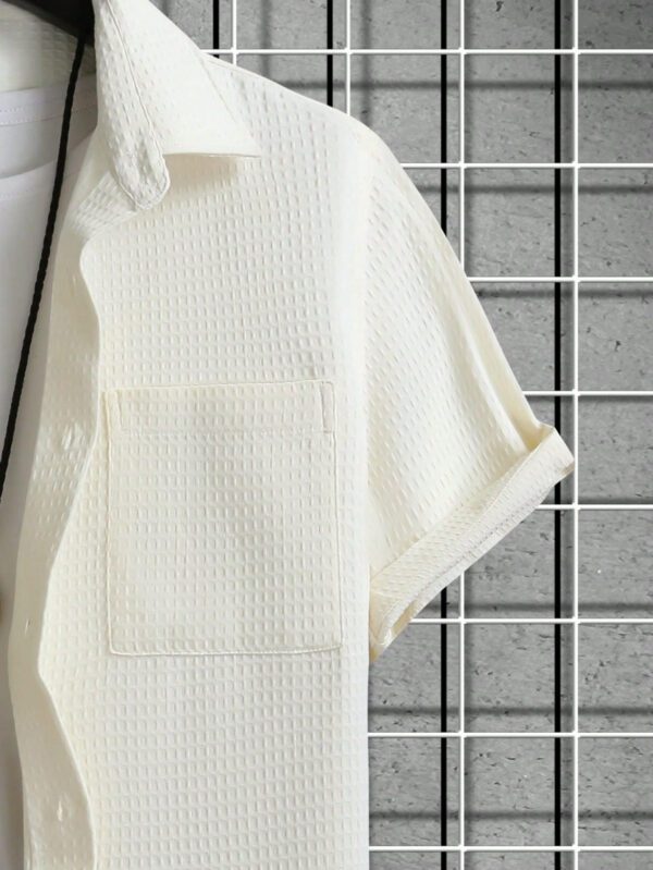 Manfinity RSRT Chemise d'homme à manches courtes texturée, boutonnée, tout blanc, cadeau décontracté pour petit ami – Image 6