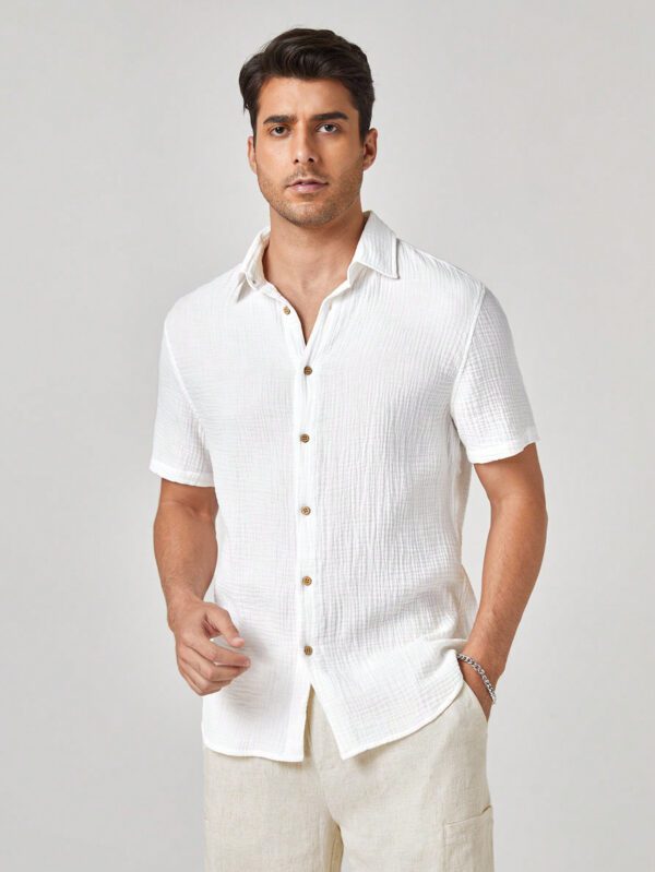 Manfinity Modomio Chemise décontractée à manches courtes en coton tissé uni pour homme, pour sortir, mari – Image 6