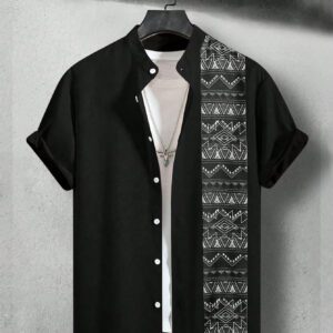 Manfinity Homme Chemise à manches courtes décontractée pour homme avec impression graphique géométrique colorée, sans t-shirt, pour cadeau de petit ami