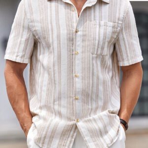 Manfinity Modomio Chemise décontractée à manches courtes rayée tissée pour homme, coupe slim, adaptée pour l'été