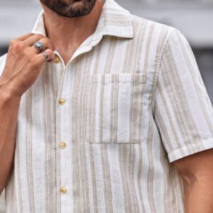 Manfinity Modomio Chemise décontractée à manches courtes rayée tissée pour homme, coupe slim, adaptée pour l'été