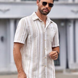 Manfinity Modomio Chemise décontractée à manches courtes rayée tissée pour homme, coupe slim, adaptée pour l'été
