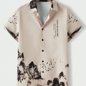 Manfinity ModaGents Chemise à manches courtes boutonnée ample pour homme avec imprimé de paysage montagneux et aquatique. Convient pour un usage quotidien.