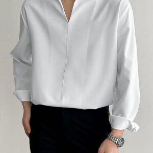 Manfinity Homme Chemise pour hommes de couleur unie coupe ample, chemise blanche longue à manches slim et unies, cadeau pour petite amie inspiré par l'art disco