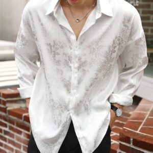 Manfinity Hypemode Chemise décontractée blanche ample à manches longues pour homme, chemise à fleurs jacquard pour hommes, bouton avant, cadeau de petit ami