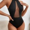SHEIN Raffinéa Body sexy en jacquard et dentelle avec contraste de résille et encolure cache-cœur pour femmes