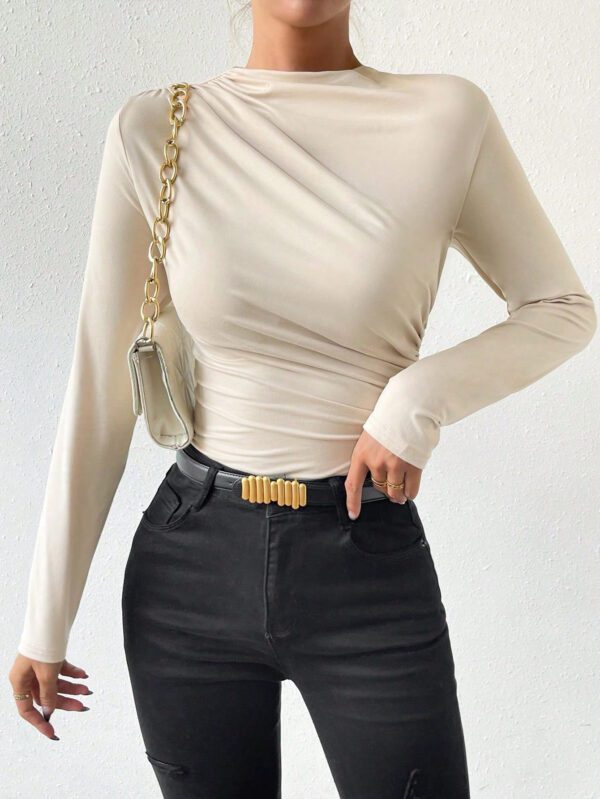 SHEIN PETITE Body à manches longues et col roulé froncé de couleur abricot pour femmes – Image 4