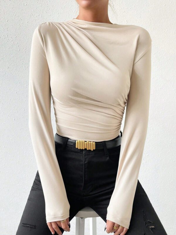 SHEIN PETITE Body à manches longues et col roulé froncé de couleur abricot pour femmes – Image 6