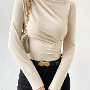 SHEIN PETITE Body à manches longues et col roulé froncé de couleur abricot pour femmes