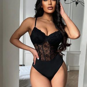 SHEIN Foxxy Body En Maille À Motifs De Dentelle Pour Femmes Avec Bretelles Réglables