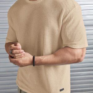 Manfinity Modomio T-shirt à col ras du cou à maille gaufre ample pour homme, unicolore