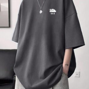 T-shirt casual à col ras-du-cou, manches courtes, avec imprimé nuage et épaules tombantes pour homme