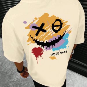 Manfinity Hypemode T-shirt d'été décontracté pour hommes à manches courtes et col rond avec impression de lettre et de visage souriant
