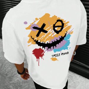 Manfinity Hypemode T-shirt d'été décontracté pour hommes à manches courtes et col rond avec impression de lettre et de visage souriant