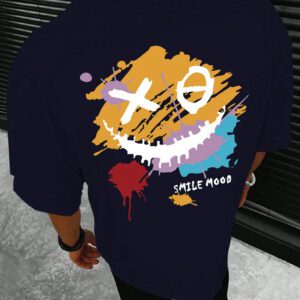 Manfinity Hypemode T-shirt d'été décontracté pour hommes à manches courtes et col rond avec impression de lettre et de visage souriant