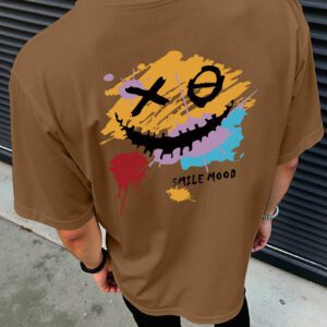 Manfinity Hypemode T-shirt d'été décontracté pour hommes à manches courtes et col rond avec impression de lettre et de visage souriant