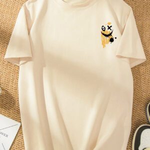 Manfinity Hypemode T-shirt d'été décontracté pour hommes à manches courtes et col rond avec impression de lettre et de visage souriant