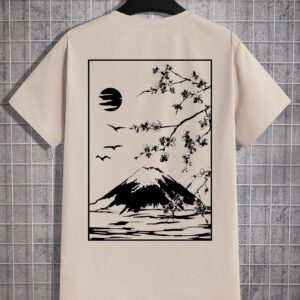 Manfinity UrbanChill T-shirt À Manches Courtes Imprimé Mont Fuji Et Fleurs De Cerisier Pour Hommes