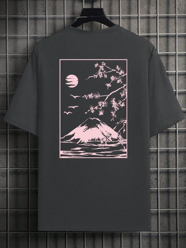 Manfinity UrbanChill T-shirt À Manches Courtes Imprimé Mont Fuji Et Fleurs De Cerisier Pour Hommes – Image 3