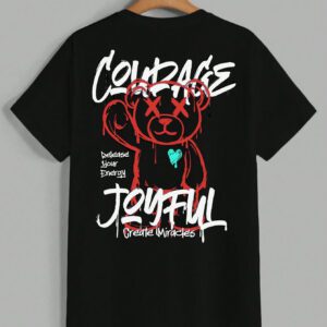 Manfinity EMRG T-shirt à manches courtes col rond avec lettres et impression d'ours, amusant, pour rappeur