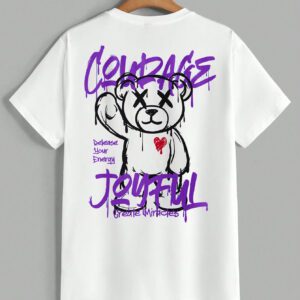 Manfinity EMRG T-shirt à manches courtes col rond avec lettres et impression d'ours, amusant, pour rappeur