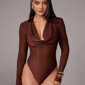 Silquee Combinaison élégante pour femme de couleur marron café avec micro-paillettes, manches longues, marron chocolat. Convient pour le bureau, le Nouvel An, les fêtes de Noël, Thanksgiving, les soirées cocktail, les réunions de famille, les événements formels, les sorties entre filles, le style "mob wife", les superpositions pour l'hiver