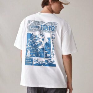 Manfinity UrbanChill T-shirt casual à manches courtes avec imprimé graphique tricoté ample pour homme, mode, cadeau pour le petit ami