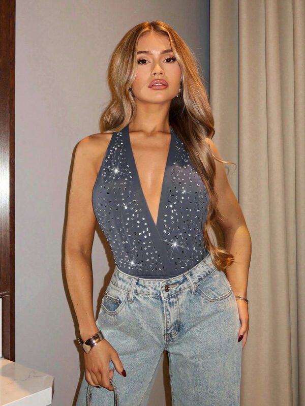 SHEIN BAE Body élégant avec bretelles fines pour soirée, concert country, festival, été, style Y2K, décoré de cristaux noirs – Image 3