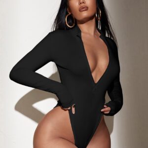 SHEIN SXY Body Noir À Manches Longues Moulant, Sexy Et Coquet À Col En V Profond Zippé Haut Taillé Pour Le Printemps Et L'été