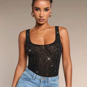SHEIN BAE Tenue de concert country en couleur unie beige kaki, tenues de festival country, tenues de festival de musique, tenues de concert avec body élégant en tricot de maille avec strass pour fête de club d'été