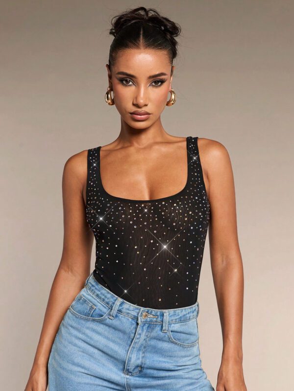 SHEIN BAE Tenue de concert country en couleur unie beige kaki, tenues de festival country, tenues de festival de musique, tenues de concert avec body élégant en tricot de maille avec strass pour fête de club d'été