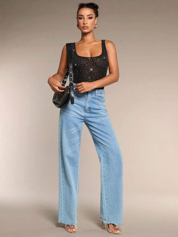 SHEIN BAE Tenue de concert country en couleur unie beige kaki, tenues de festival country, tenues de festival de musique, tenues de concert avec body élégant en tricot de maille avec strass pour fête de club d'été – Image 9