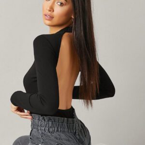 SHEIN BASICS Body à manches longues, encolure montante et dos ouvert, style casual