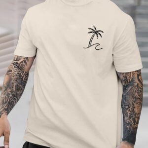 Manfinity RSRT T-shirts pour hommes, col rond ajusté, manches courtes, tee-shirt graphique palmier décontracté et simple en polyester d'été