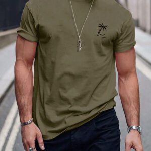 Manfinity RSRT T-shirts pour hommes, col rond ajusté, manches courtes, tee-shirt graphique palmier décontracté et simple en polyester d'été