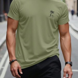 Manfinity RSRT T-shirts pour hommes, col rond ajusté, manches courtes, tee-shirt graphique palmier décontracté et simple en polyester d'été