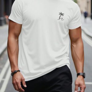 Manfinity RSRT T-shirts pour hommes, col rond ajusté, manches courtes, tee-shirt graphique palmier décontracté et simple en polyester d'été