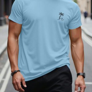 Manfinity RSRT T-shirts pour hommes, col rond ajusté, manches courtes, tee-shirt graphique palmier décontracté et simple en polyester d'été