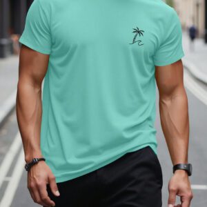 Manfinity RSRT T-shirts pour hommes, col rond ajusté, manches courtes, tee-shirt graphique palmier décontracté et simple en polyester d'été