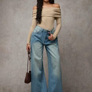SHEIN BAE Body moulant à manches longues avec épaules dénudées en faux cachemire élégant, casual pour un port quotidien, tenues d'automne pour femmes, hauts d'hiver pour femmes