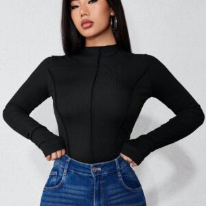 SHEIN Raffinéa Body Ajusté Unicolore À Col Montant Couture Détail