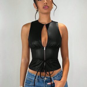 SHEIN BAE Gilet court ajusté bourgogne unicolore femme, avec fermeture éclair métallique creuse et cordon de serrage à la taille. Top d'automne, idéal pour la rentrée scolaire ou les fêtes de Noël. Top bourgogne vintage d'automne